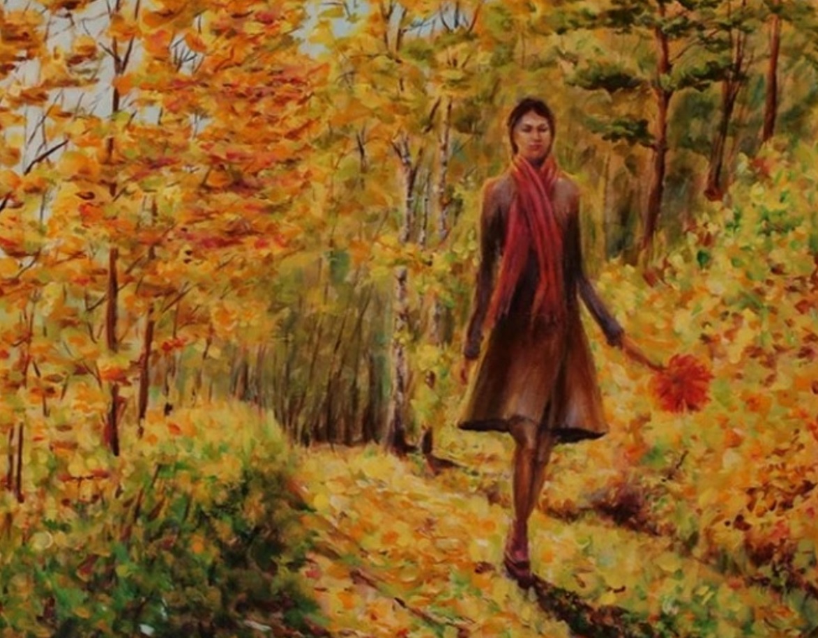 Бабье лето олицетворение. Осенний пейзаж с людьми. Девушка осень живопись. Женщина в осенней аллее. Картина девушка в осеннем лесу.